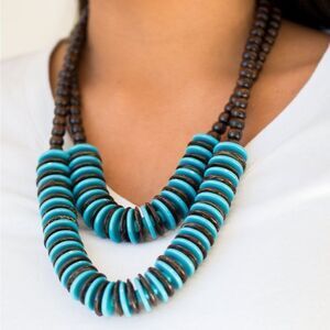 Set!! Chunky wooden/acrylic blue and brown disc necklace and earrings